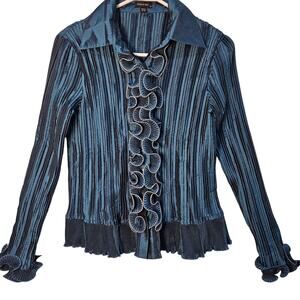 Piano Blue Silver Ribbed Ruffle Crystal Button Bead Long Sleeve Medium Y2K Fairy